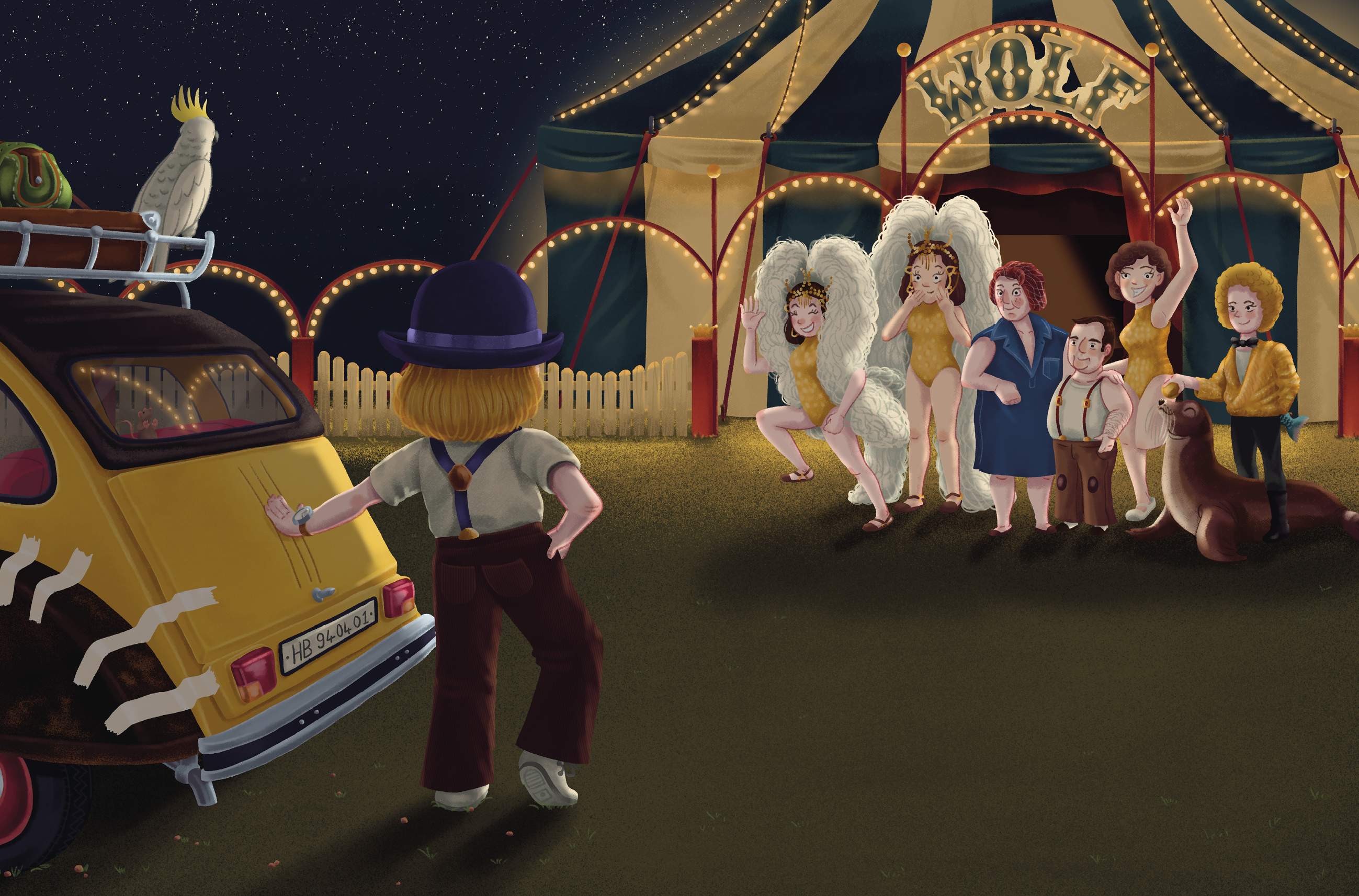 Henry kommt nachts mit seinem neuen Wagen Zuhause beim Zirkus Wolf an. Er stützt sich an den Kofferraum des Autos. Seine Familie begrüsst ihn freudig, auch ein Seelöwe ist dabei.