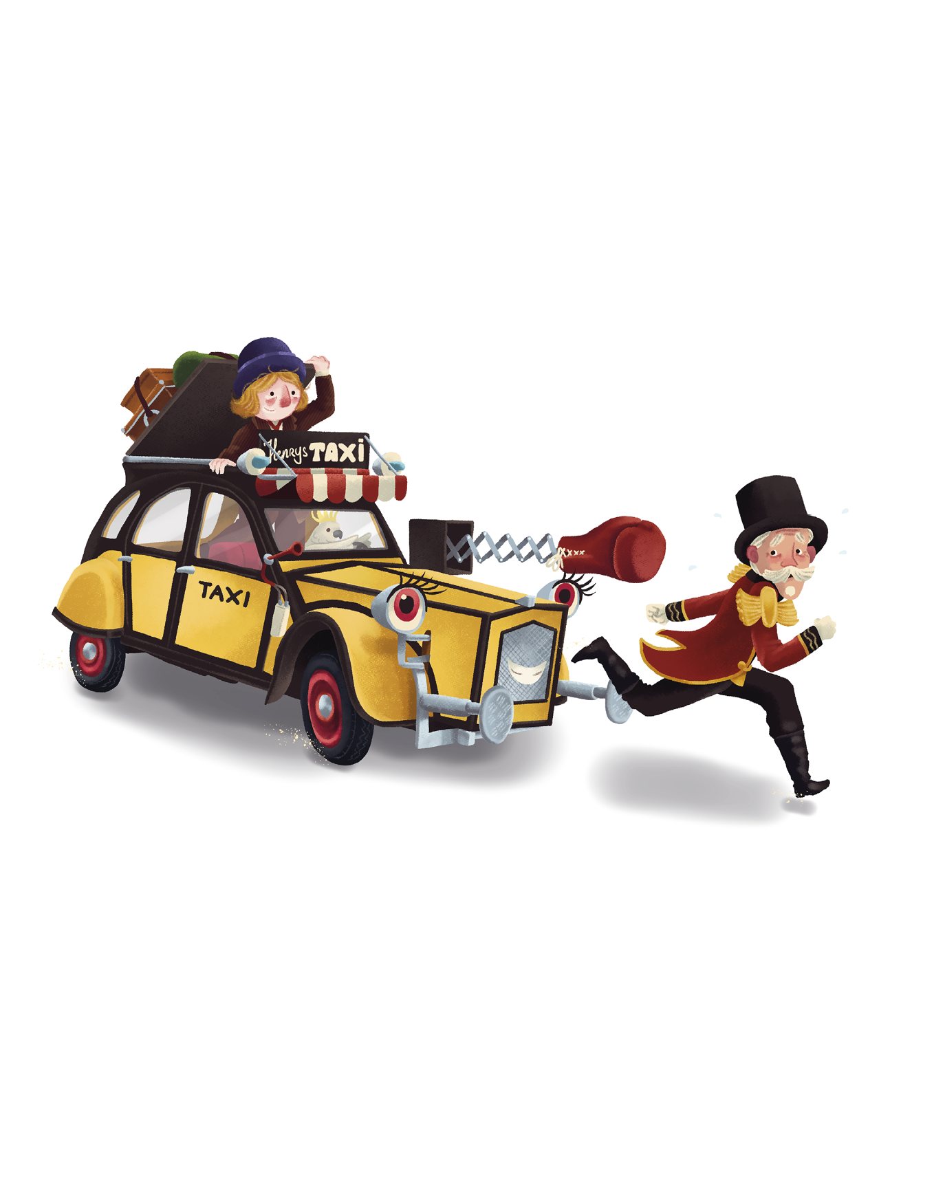 Henrys Taxi verfolgt den Zirkusdirektor. Aus dem Wagen wird mit einer Mechanik ein Boxhandschuh herausgeschleudert. Gaston sitzt am Lenker. Henry öffnet stehend die Dachluke des Wagens.