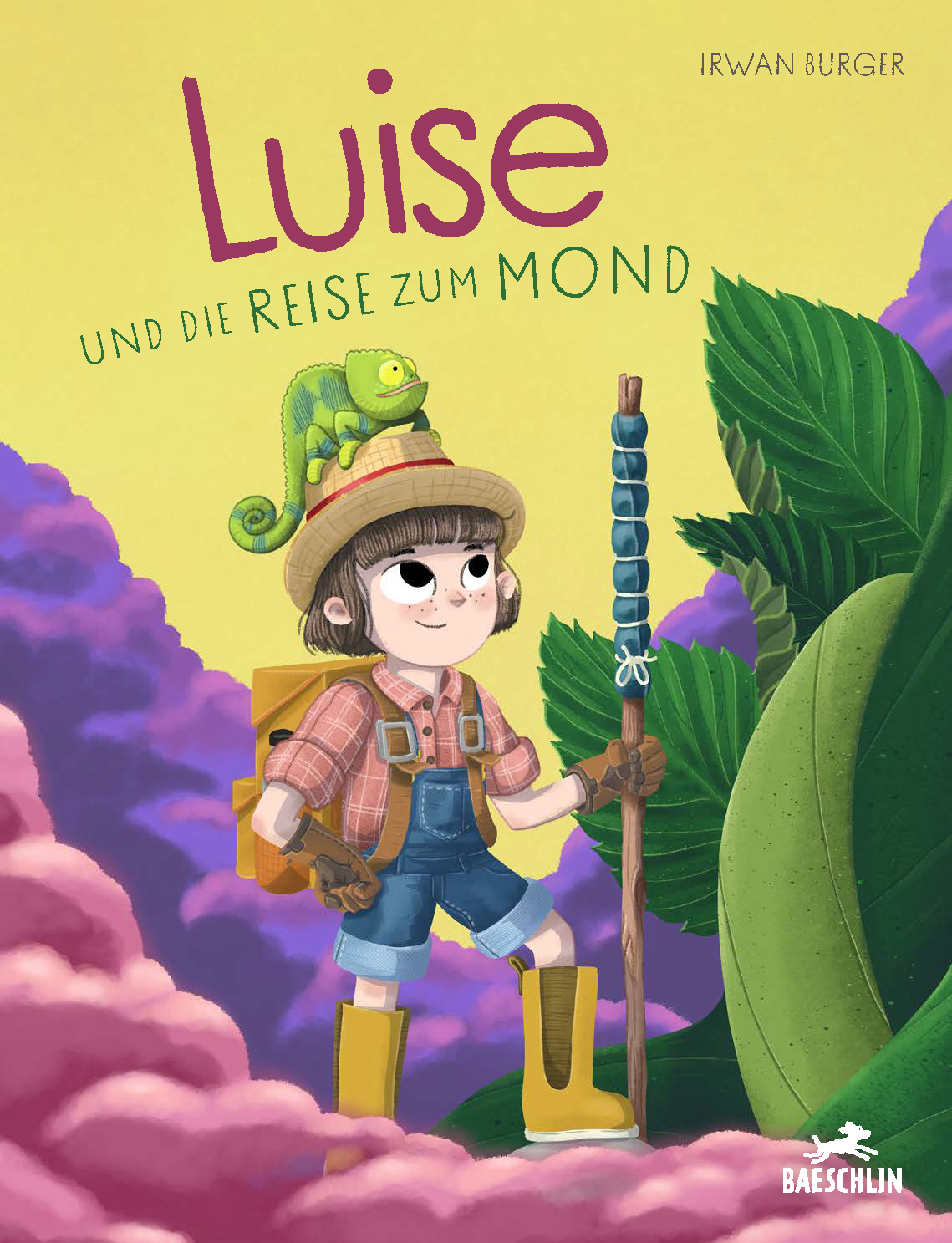 Cover des Kinderbuches «Luise und die Reise zum Mond». Es zeigt Luise wie sie kurz davor steht eine gigantische Mimbeerpflanze zu besteigen. Sie trägt einen Strohhut auf welchem ihr Freund Leon das Chamäleon sitzt. Sie trägt einen Wanderstock und zeigt eine entschlossene Miene.